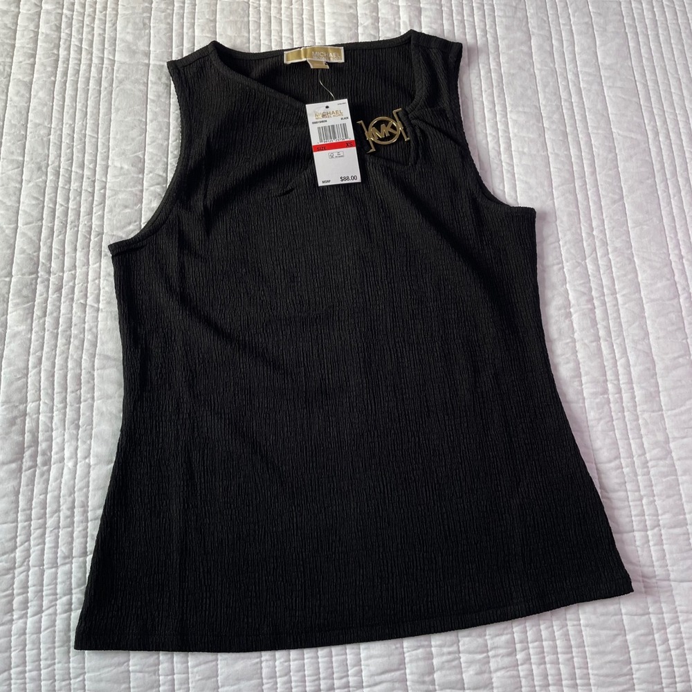 Michael Kors Black Crinkle Textured Sleeveless Top MK Gold Hardware QS651SHBD8